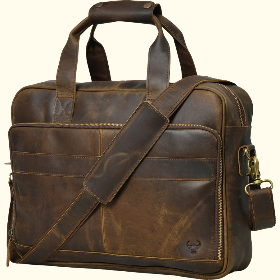 A brown leather business laptop bag with a shoulder strap and YKK zippers.