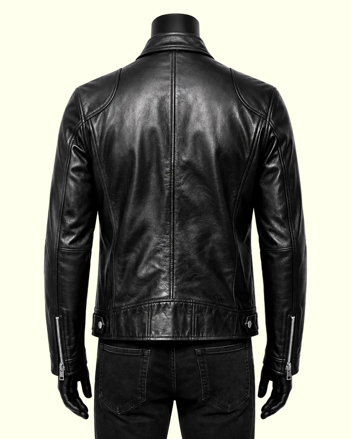 A black leather jacket shown from the back on a mannequin torso, paired with black jeans against a plain white background.