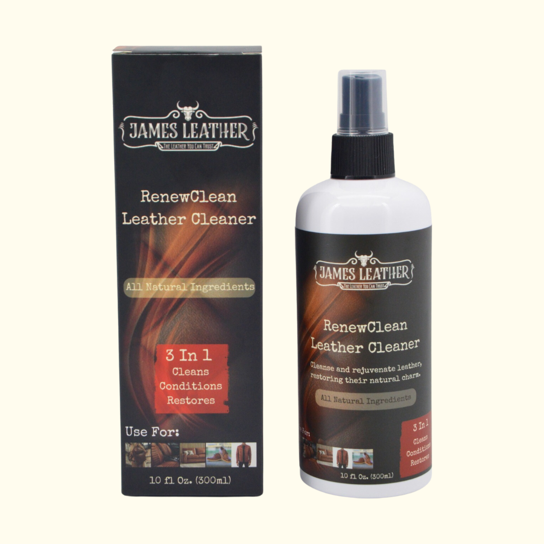 A bottle of Renew Clean Leather Cleaner by James Leather, with its packaging box. The bottle is white with a black label, and the box is brown with text and branding.
