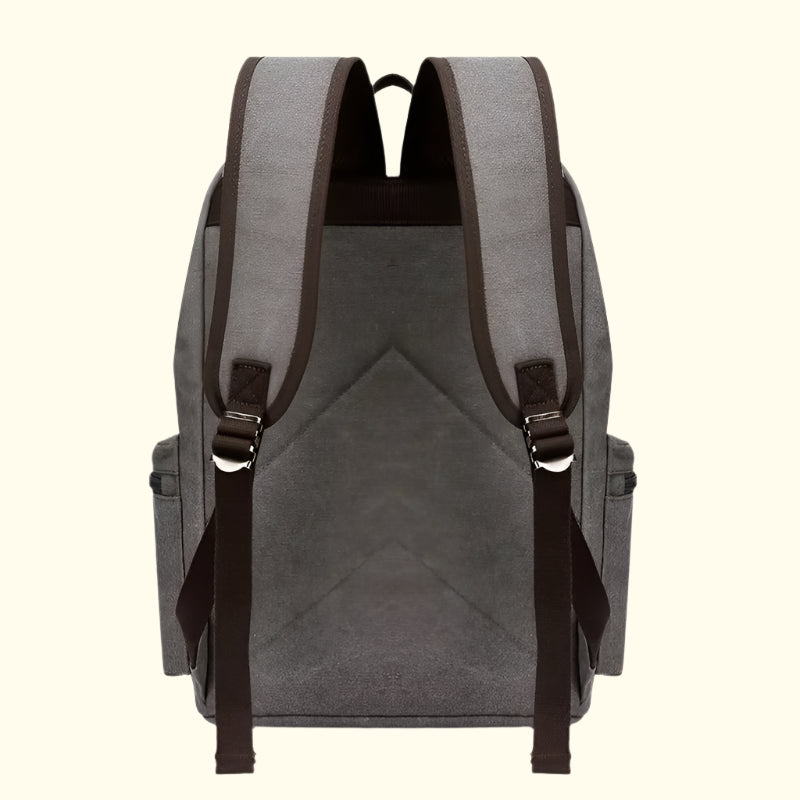 Gray backpack with black straps on a white background