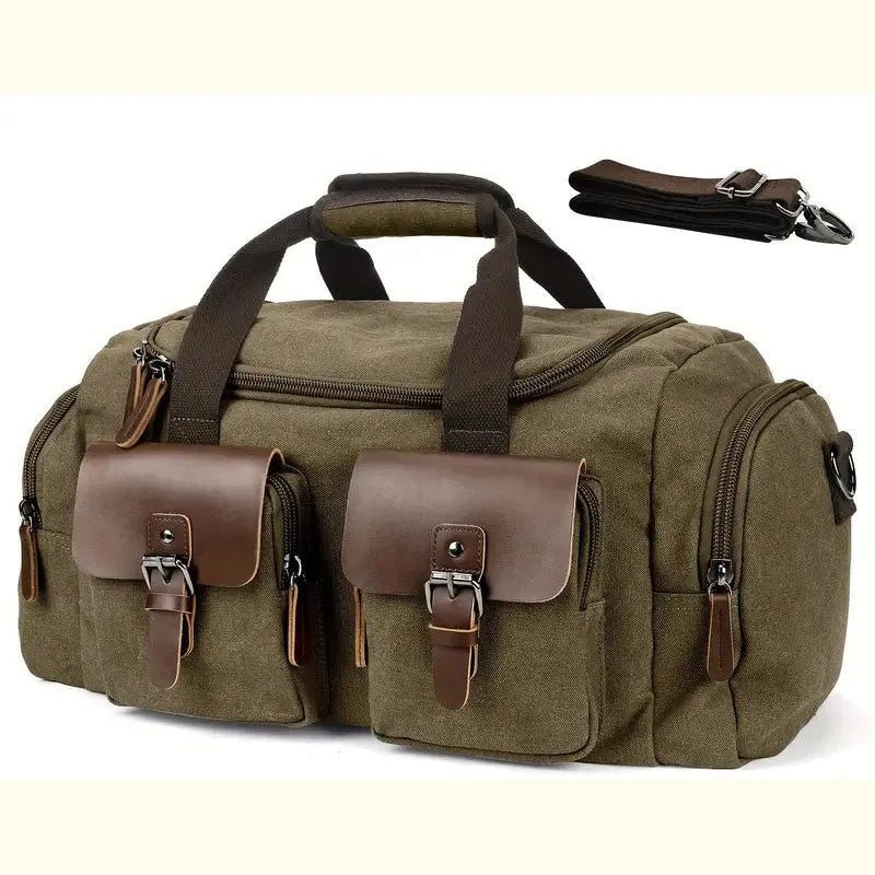 Green duffel bag with brown leather accents on a white background