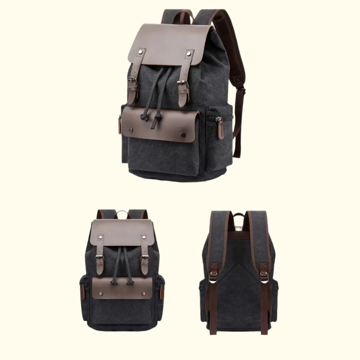Black backpack with brown accents on a white background