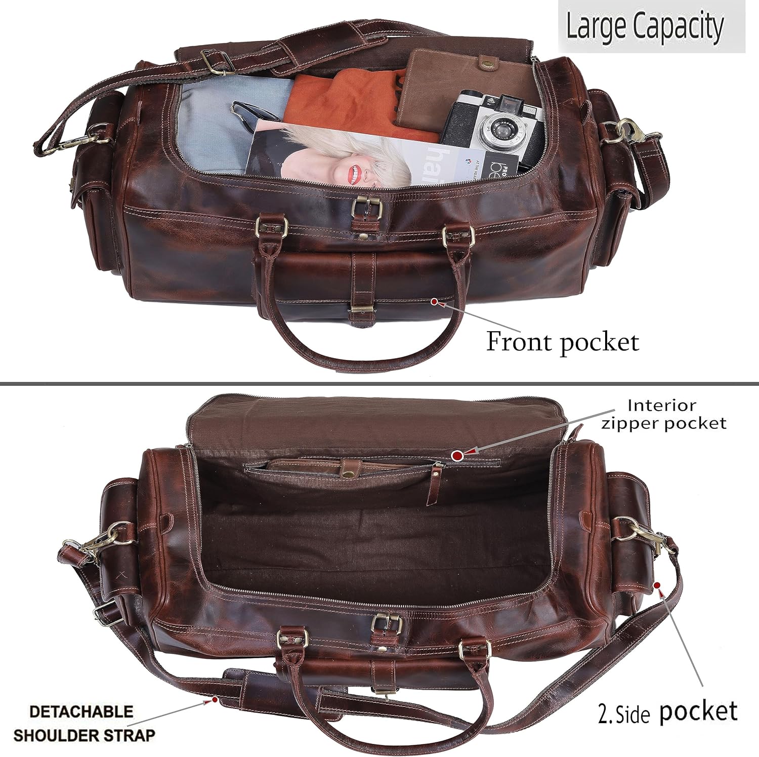 Brown leather duffel bag with features highlighted on a white background