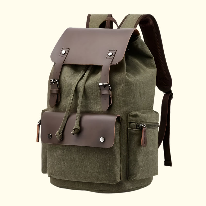 Green backpack with brown leather accents on a white background