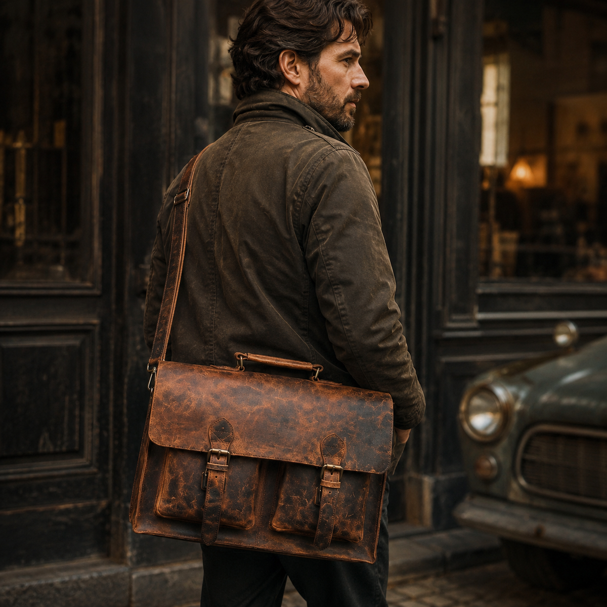 Distressed Buffalo Leather Briefcase