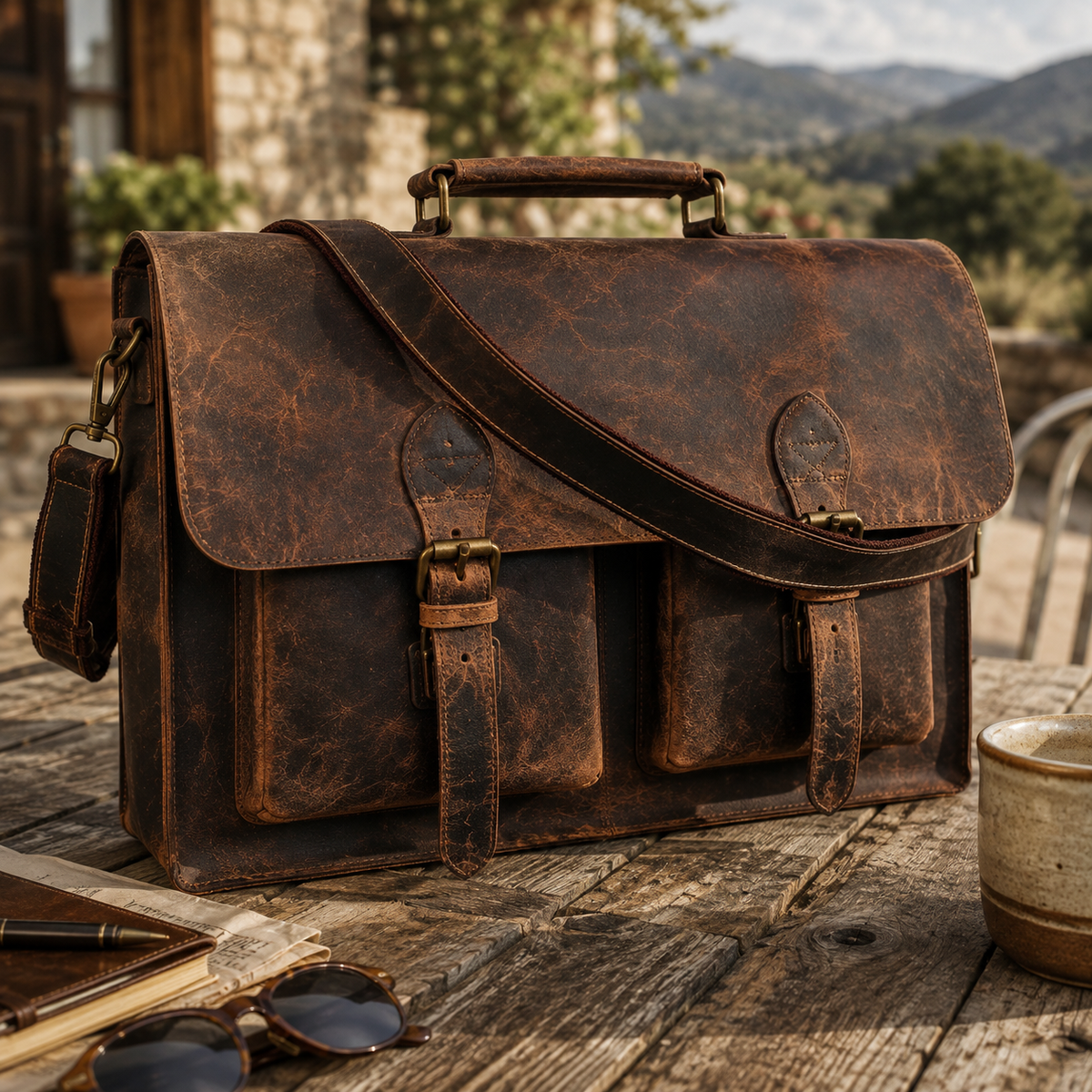 Distressed Buffalo Leather Briefcase