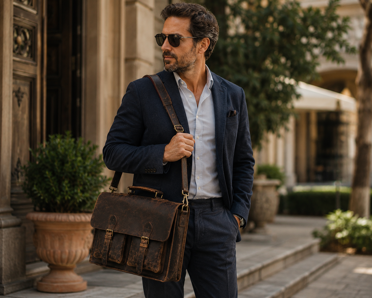 Distressed Buffalo Leather Briefcase