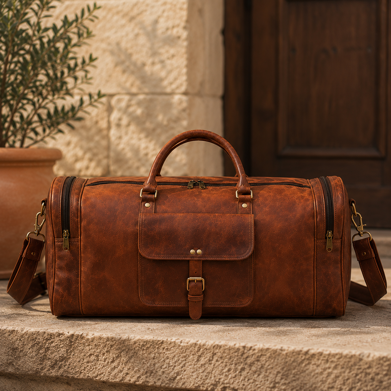 Square Overnight Leather Duffel Bag