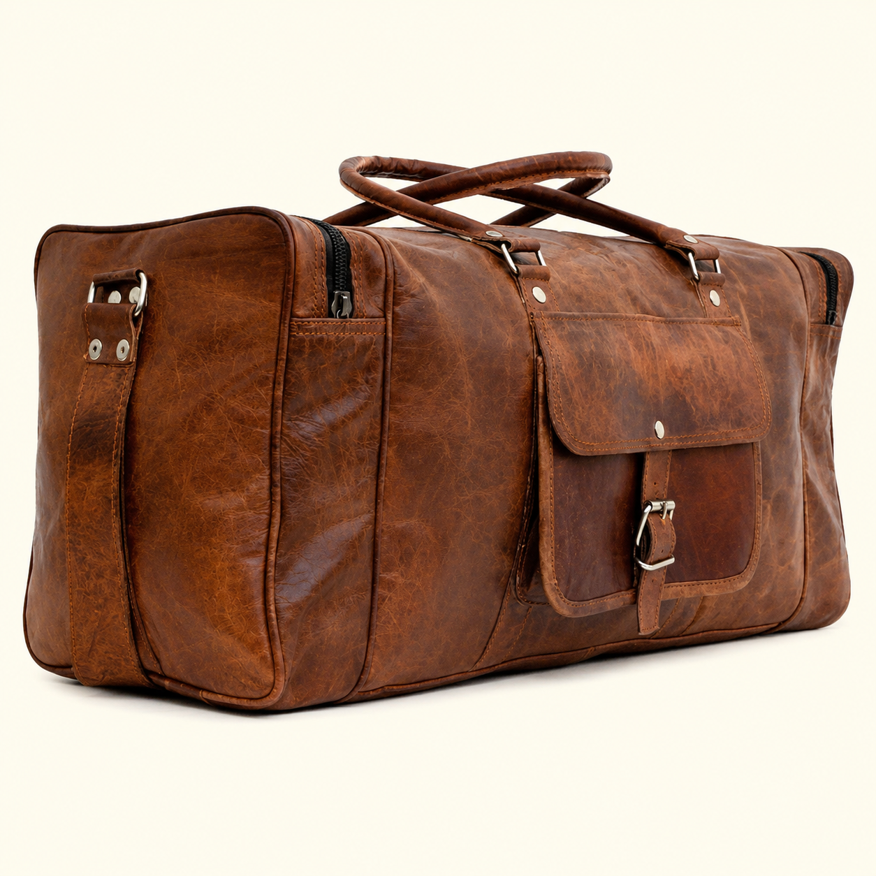 A brown distressed leather duffel bag with top handles, a front flap pocket with buckle detail, and side zipper pockets, photographed on a clean off-white background.