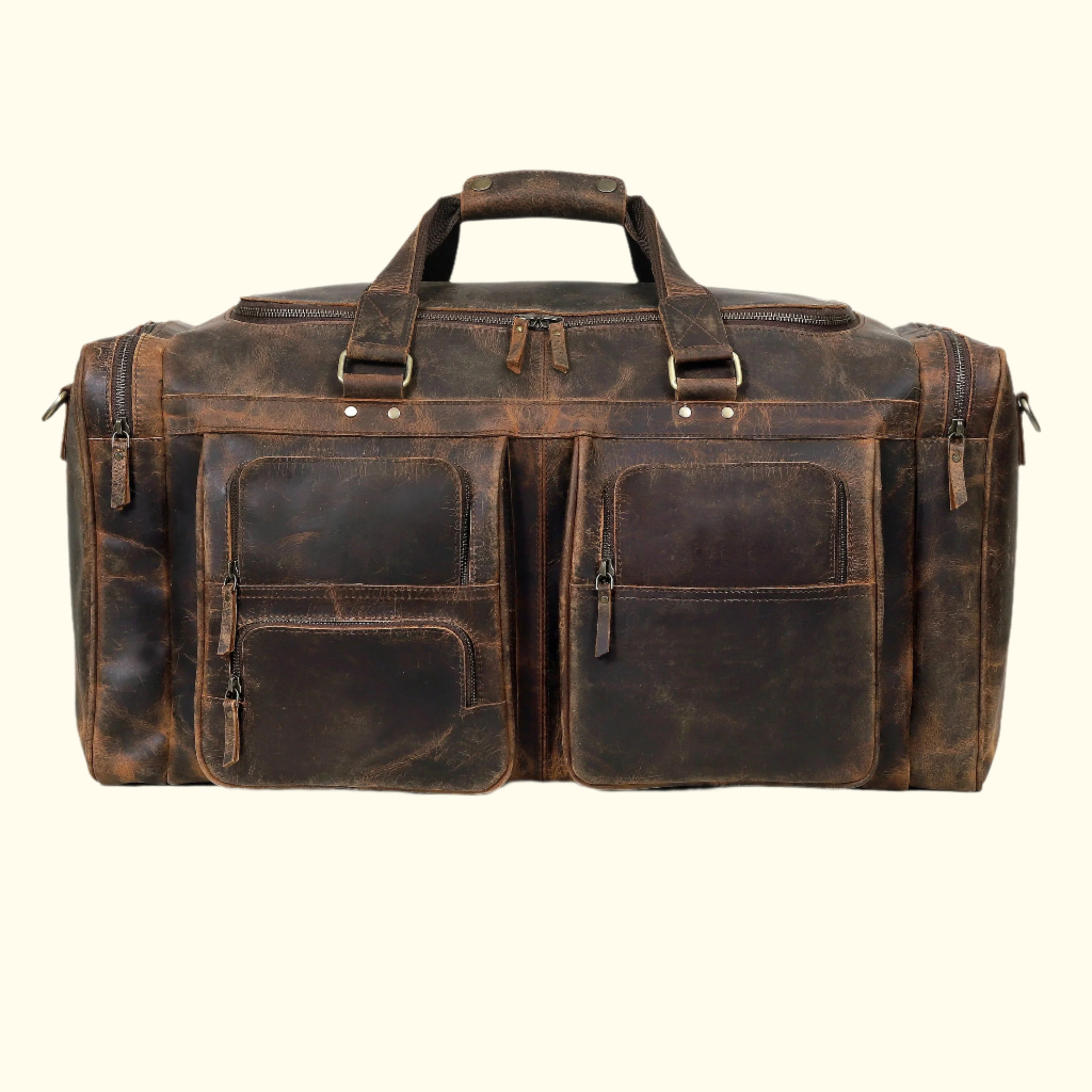 Brown leather duffel bag on a white background