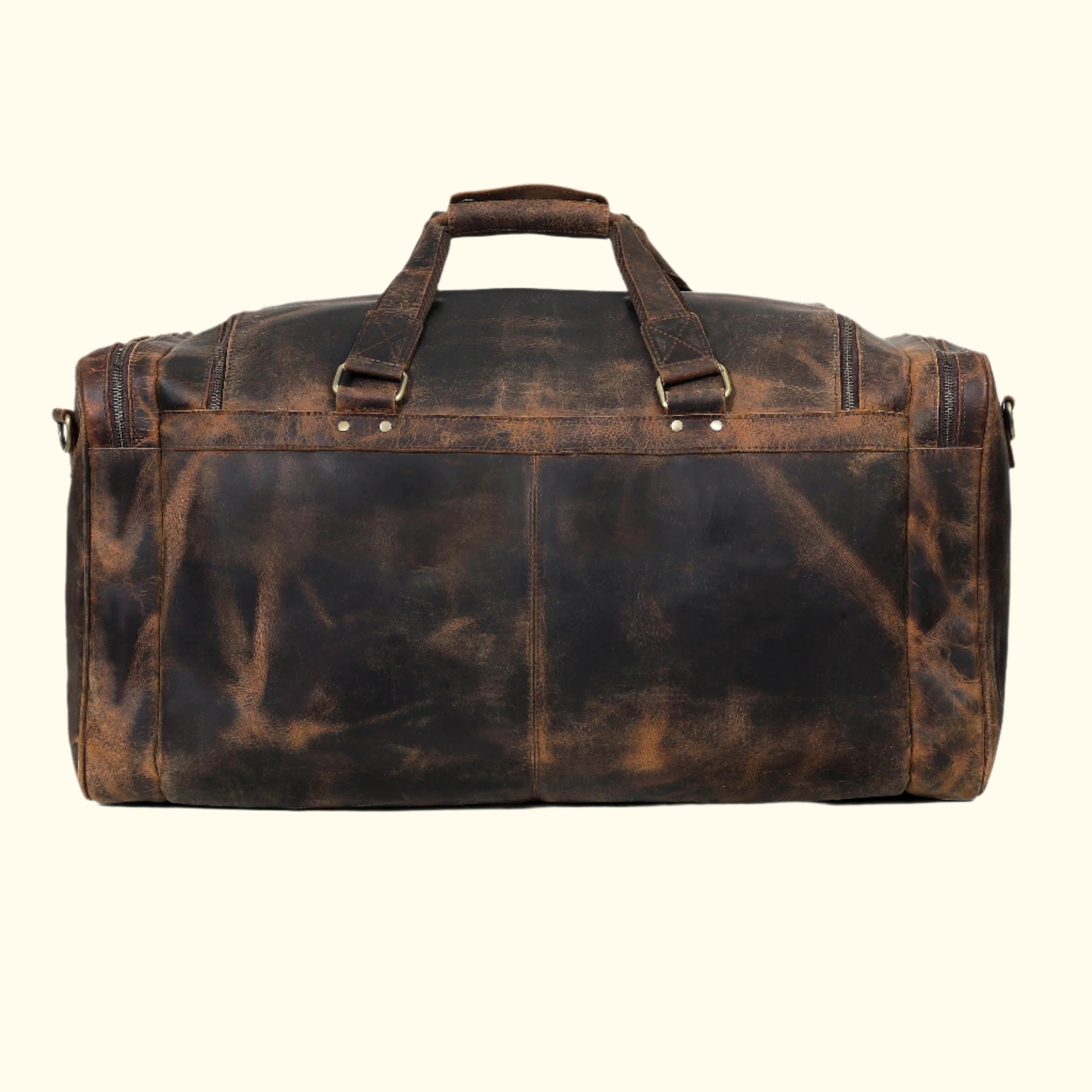 Brown leather duffel bag on a white background