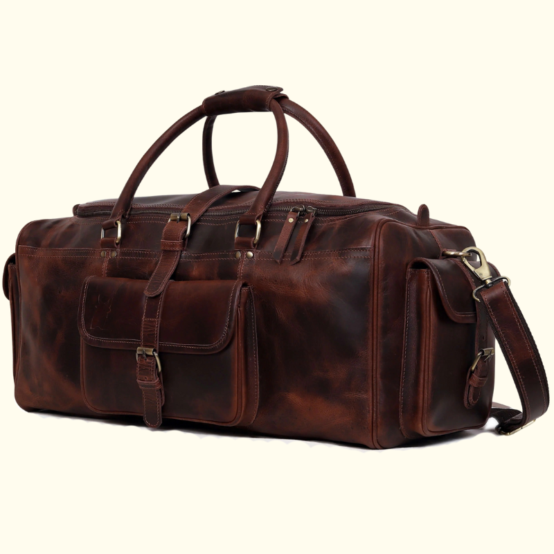 Brown leather duffel bag on a white background