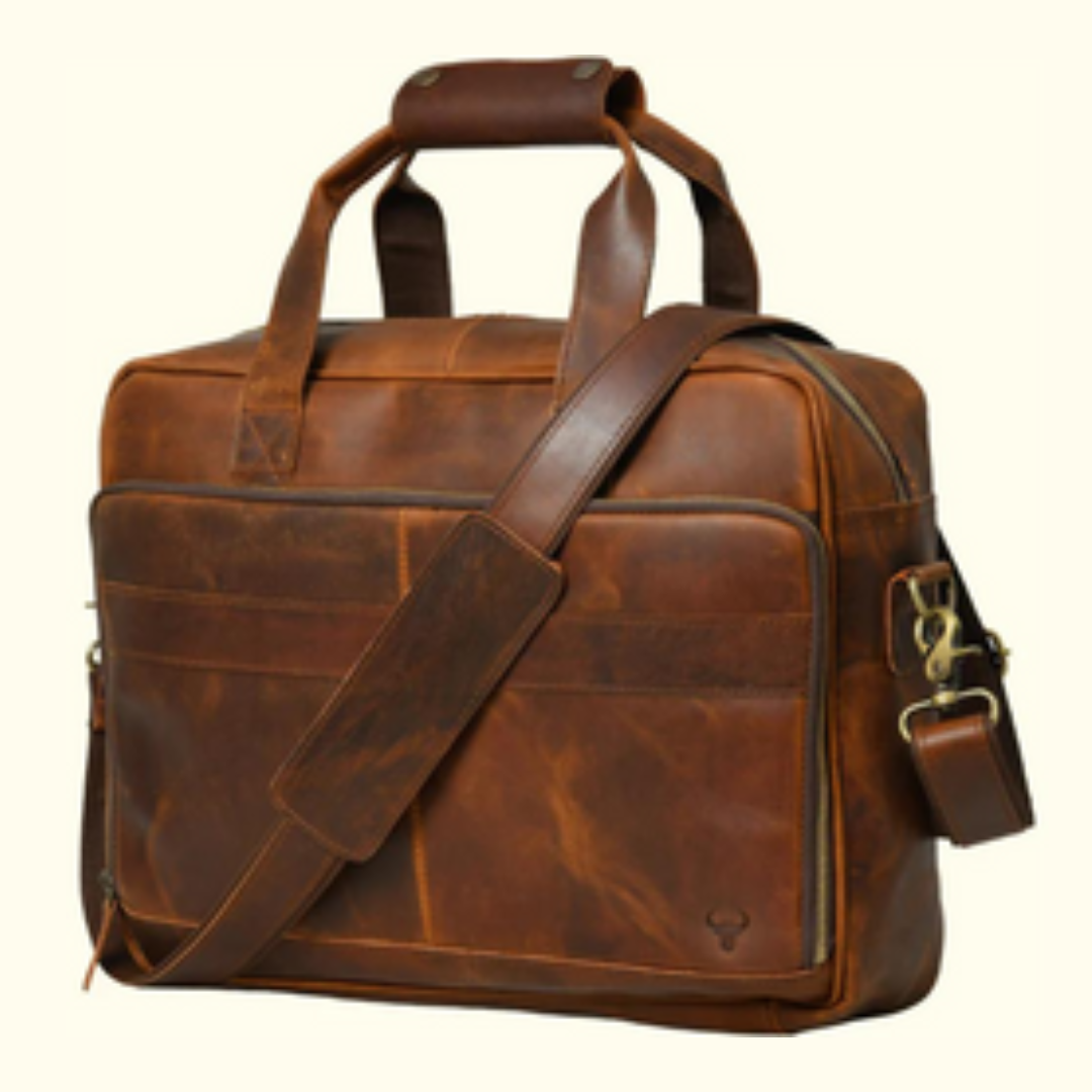 A brown leather business laptop bag with a shoulder strap and YKK zippers.