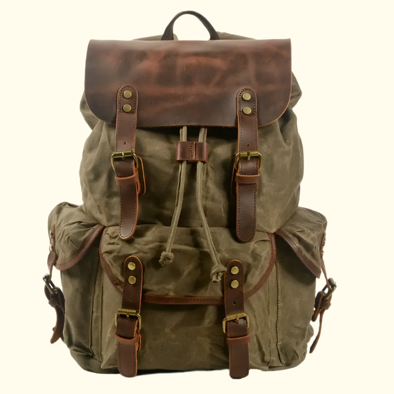 Vintage-style backpack with leather straps on a white background