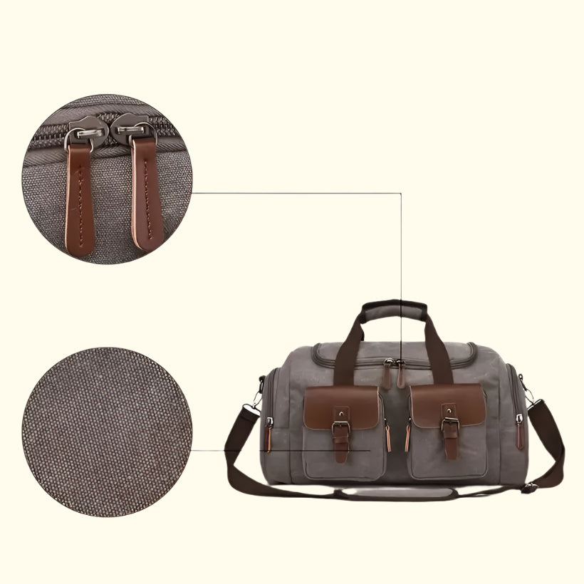 Gray duffel bag with brown leather straps and accents on a white background