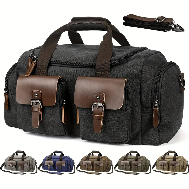 A large canvas leather travel duffle bag with two front pockets and leather handles. The image also shows the bag in different color options.