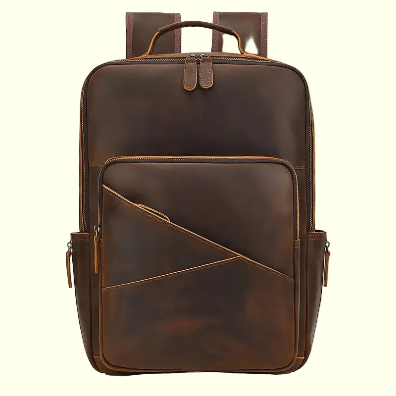 A brown Trailblazer Crazy Horse leather backpack with multiple compartments and shoulder straps.