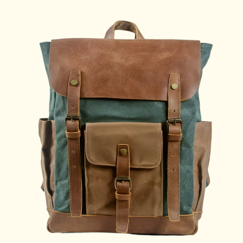 cotton canvas backpack leather Vintage Laptop Backpack - Emerald - 15.6" Laptop Pocket - Weatherproof Waxed Canvas & Leather - 18L