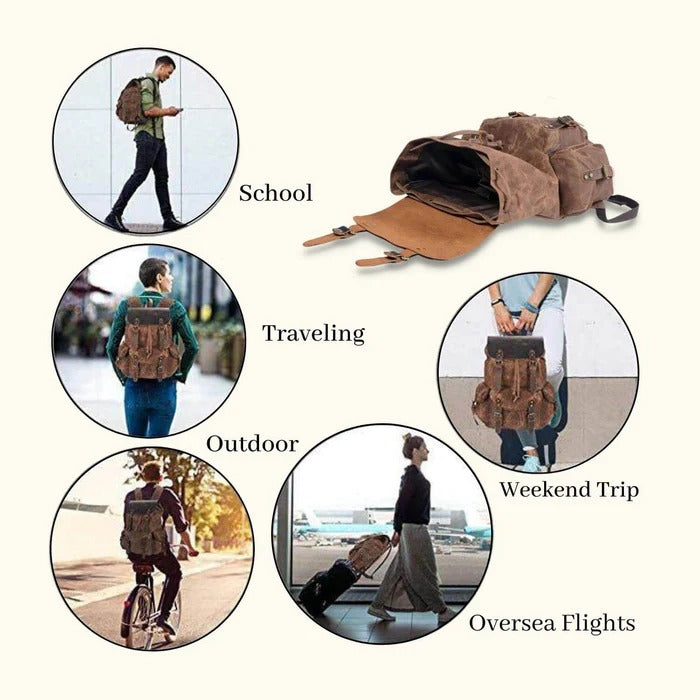 Brown leather backpack used for various activities including school, traveling, outdoor, weekend trip, and overseas flights.