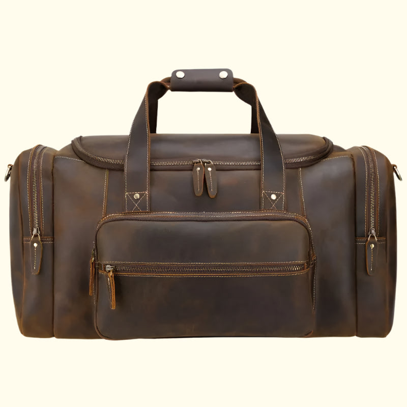 Brown leather duffel bag on a white background