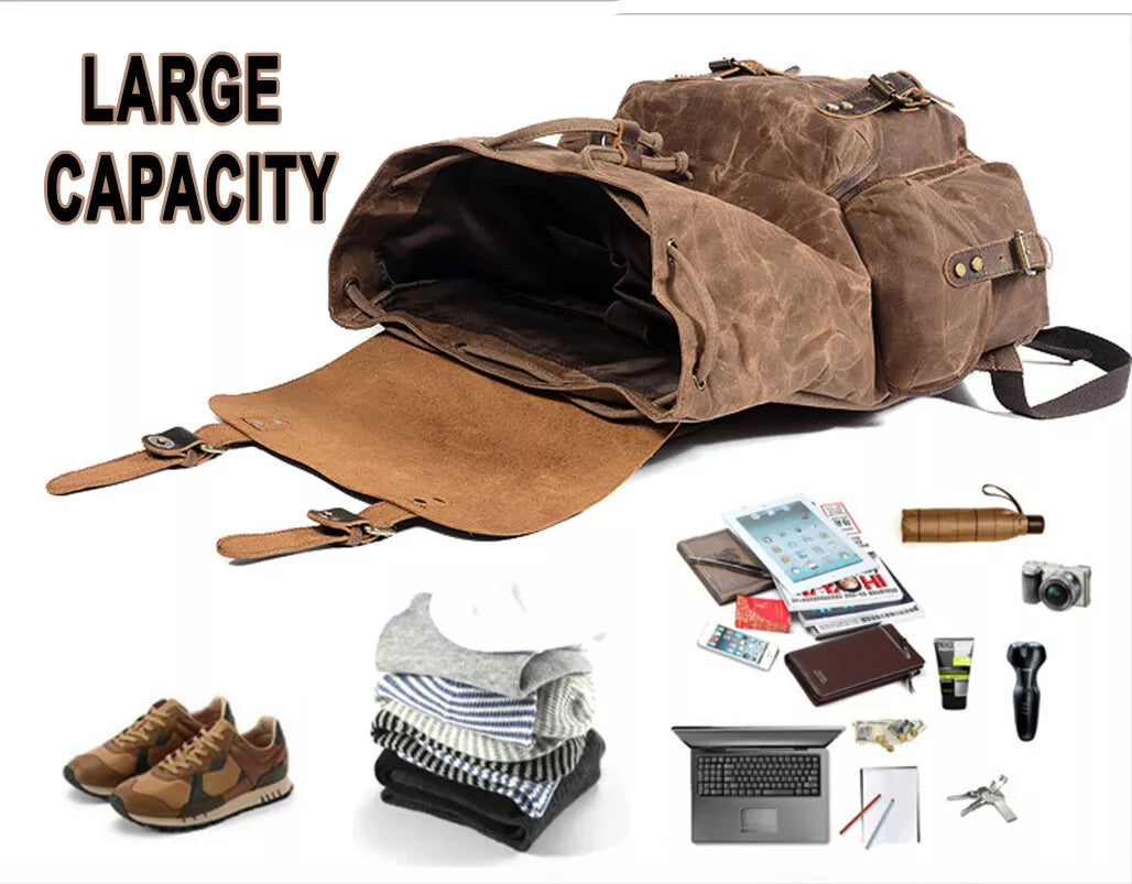 Brown leather duffel bag with various items on a white background