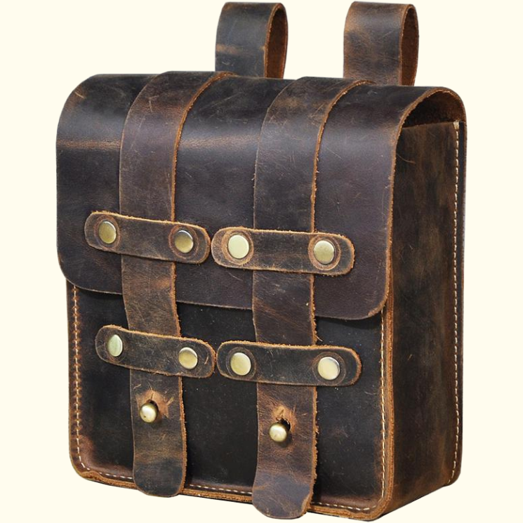 A vintage black Waldorf Buffalo Leather Belt Bag with metal buckles and two belt loops.