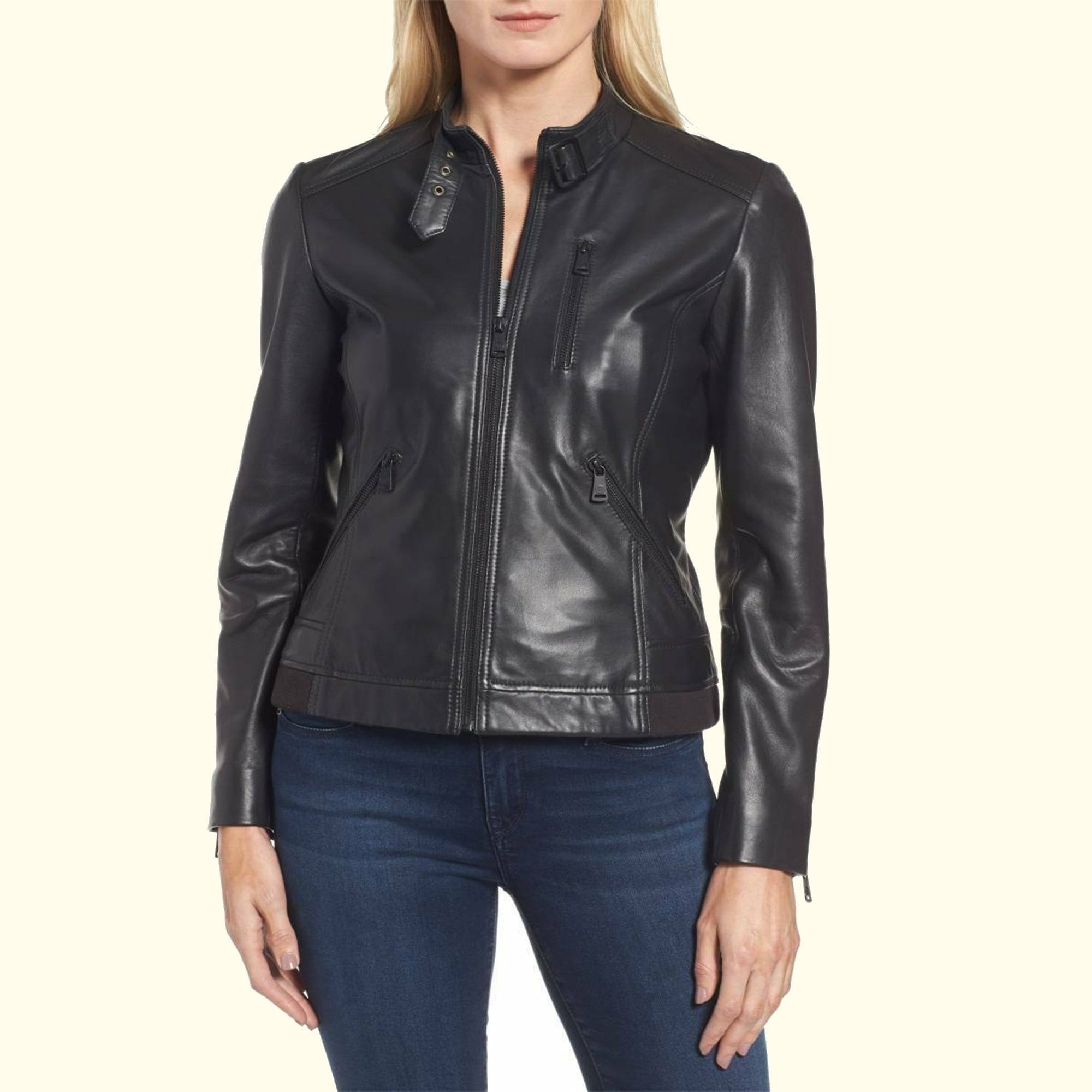Monterrey Black Snap Tab Collar Women Leather Jacket