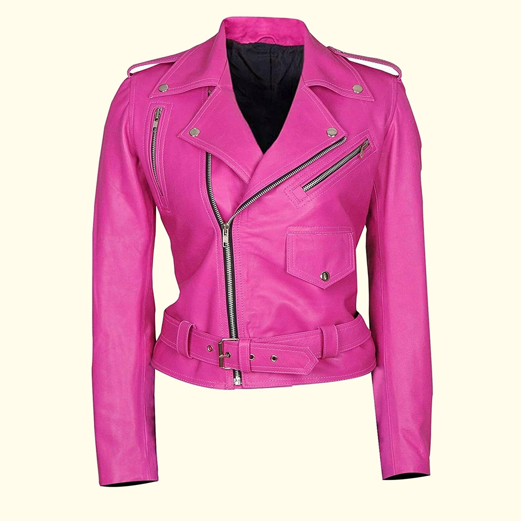 A pink women's leather jacket with a collar, zippered chest pocket, and belt at the waist.