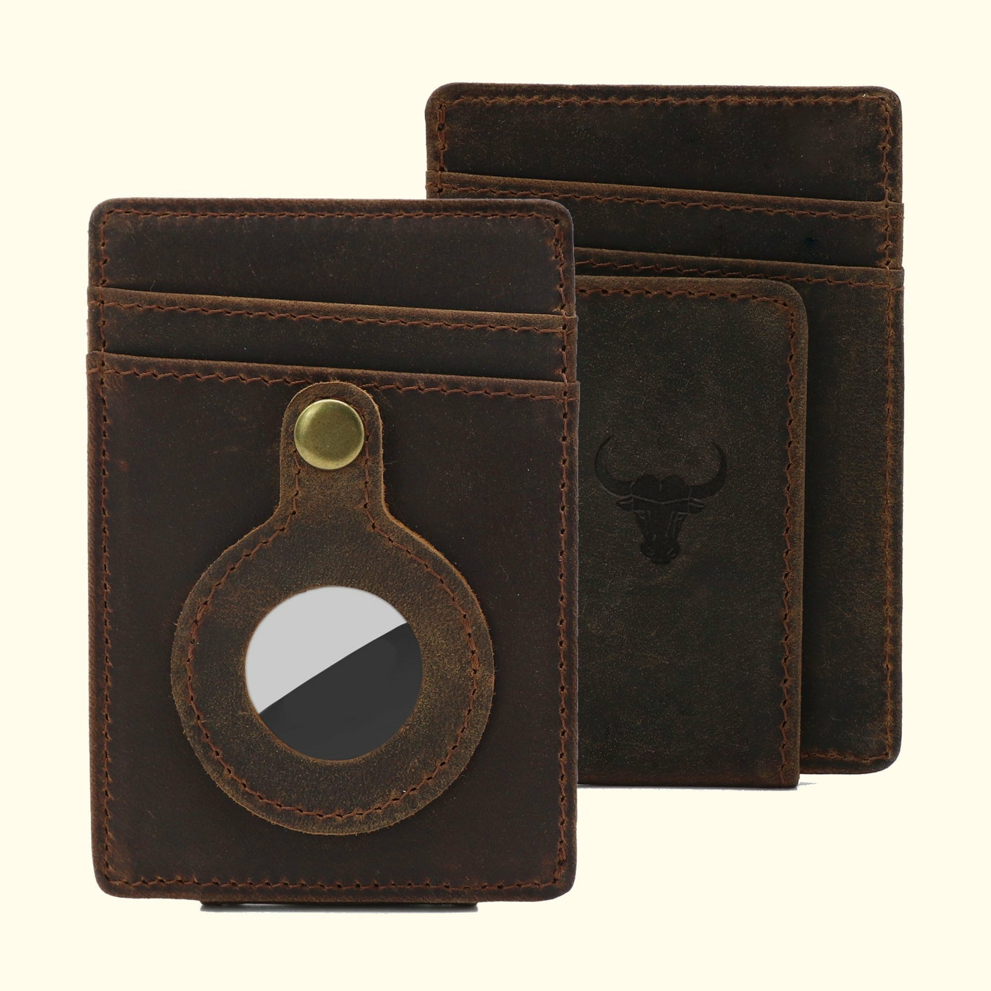 A vintage brown leather wallet with magnetic closure and an Airtag protection hole, featuring multiple card slots and an ID slot.