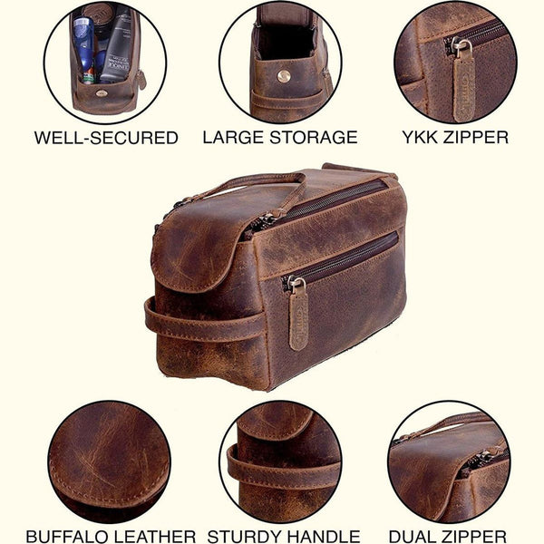 Buy Double Zipper Toiletry Bag Leather Large Dopp Kit Bag Travel