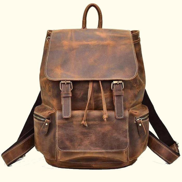 crazy horse mens leather backpack Real leather Backpack Vintage Drawstring, Brown