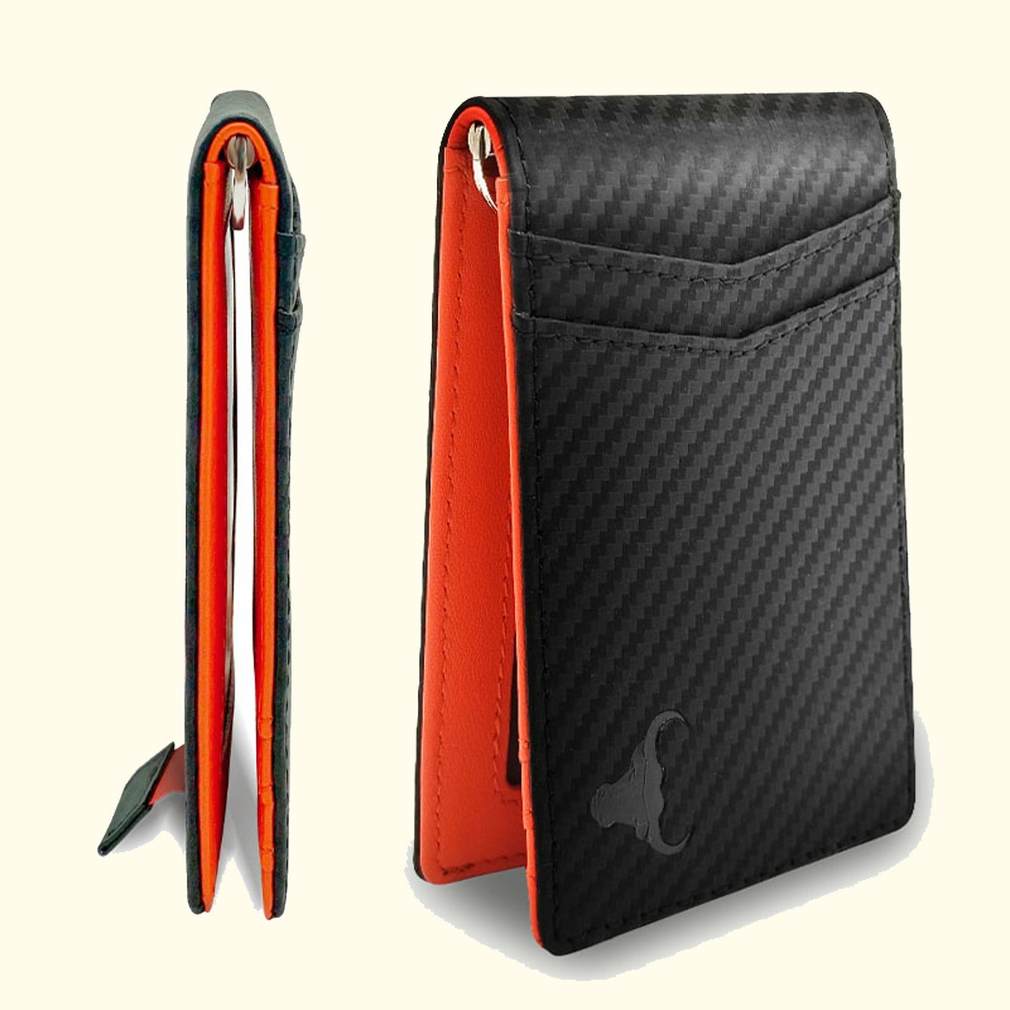 A black and orange leather wallet with a money clip and multiple card slots, displayed both closed and open showing the interior.