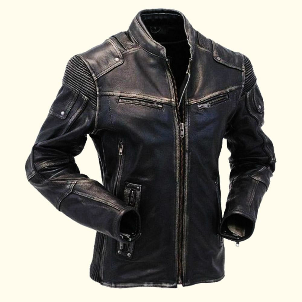 Distressed Leather Biker Jacket