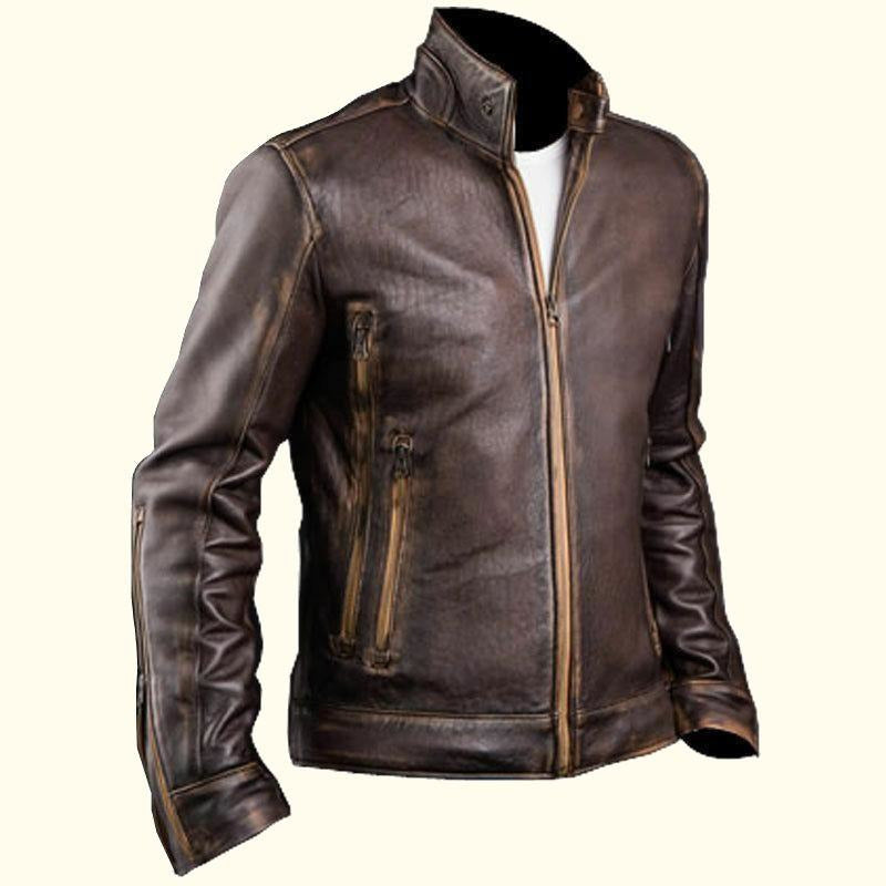 A brown cafe racer leather jacket with a mandarin collar, zipper details, and a rugged appearance.