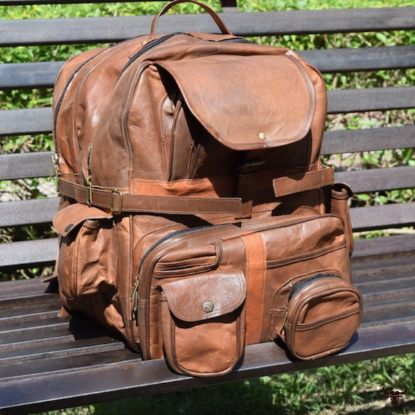 Large Vintage Leather Travel Rucksack Bag