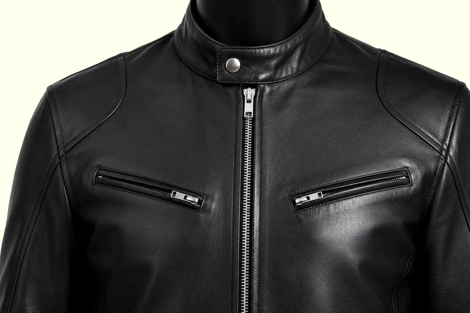Black leather motorcycle jacket with a stand collar, front zipper, and two zippered chest pockets, shown on a mannequin torso against a white background.
