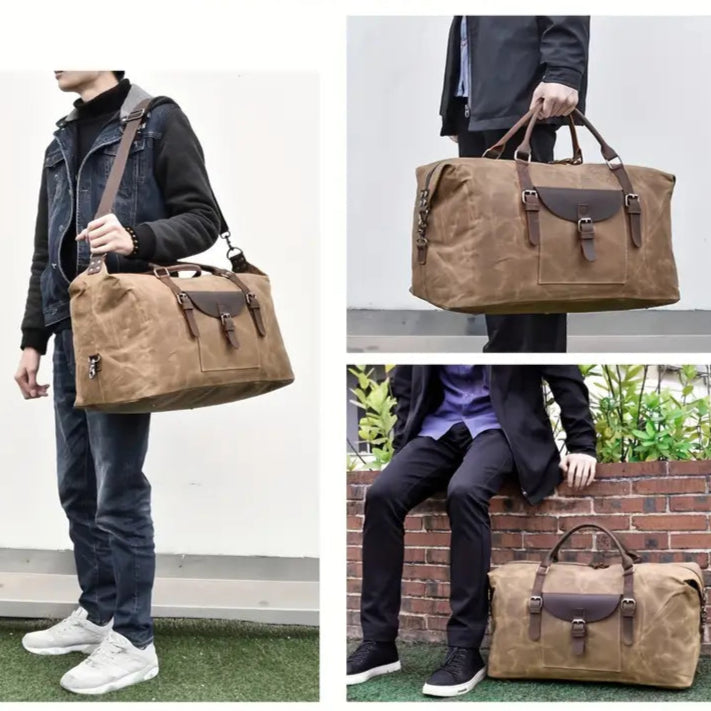 Brown duffel bag being carried by a person in various settings