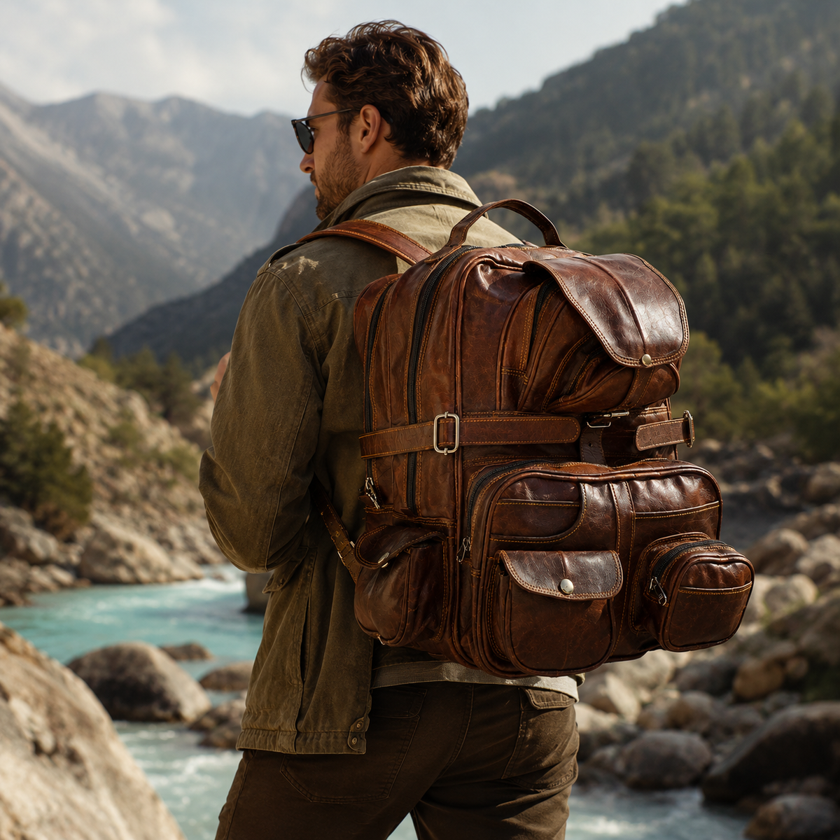 A man wearing a brown leather backpack stands in a rocky mountain landscape with a river in the background. The backpack has multiple front pockets, a top flap, and a buckle strap detail.