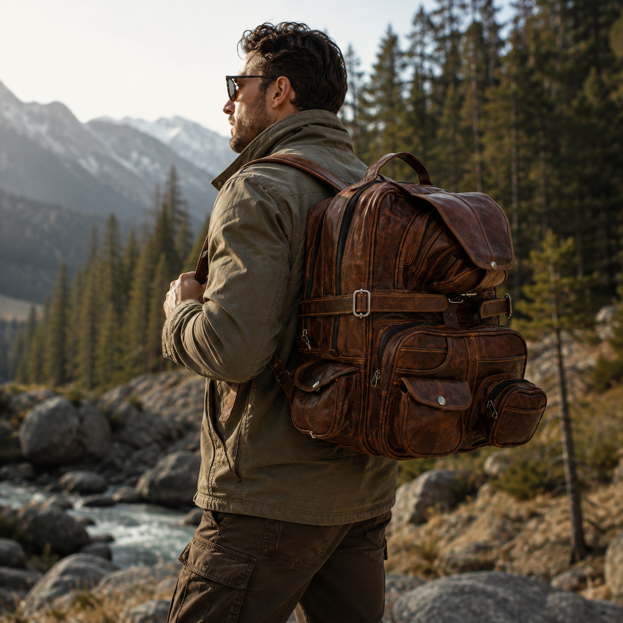 A man wearing a large brown leather backpack walks along a rocky mountain stream surrounded by pine trees.