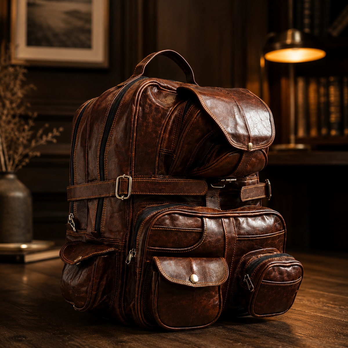 A dark brown distressed leather backpack with multiple front and side pockets, shown on a wooden table in a dimly lit, warm-toned room.