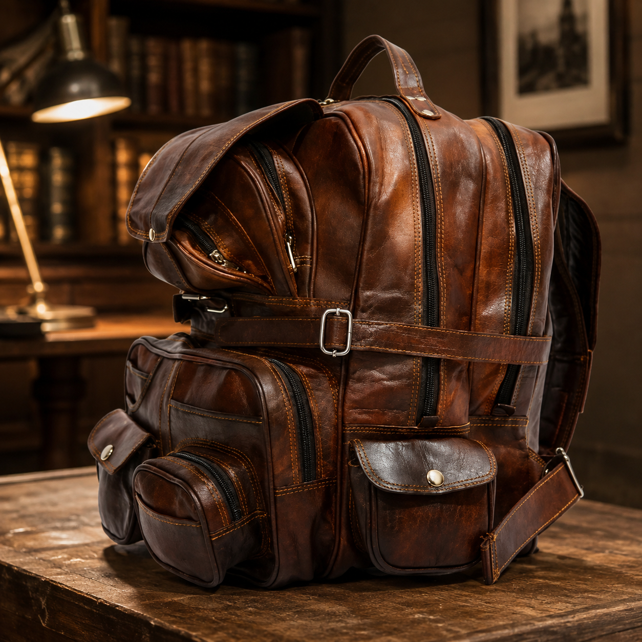 Large Vintage Leather Travel Rucksack Bag