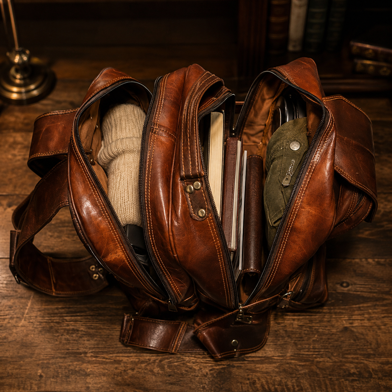 A brown leather messenger bag shown open on a wooden table, filled with books, a knit sweater, and a green cap. A brass lamp base and dark bookshelf are visible in the background.