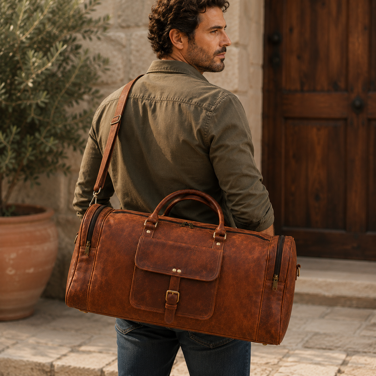 Square Overnight Leather Duffel Bag