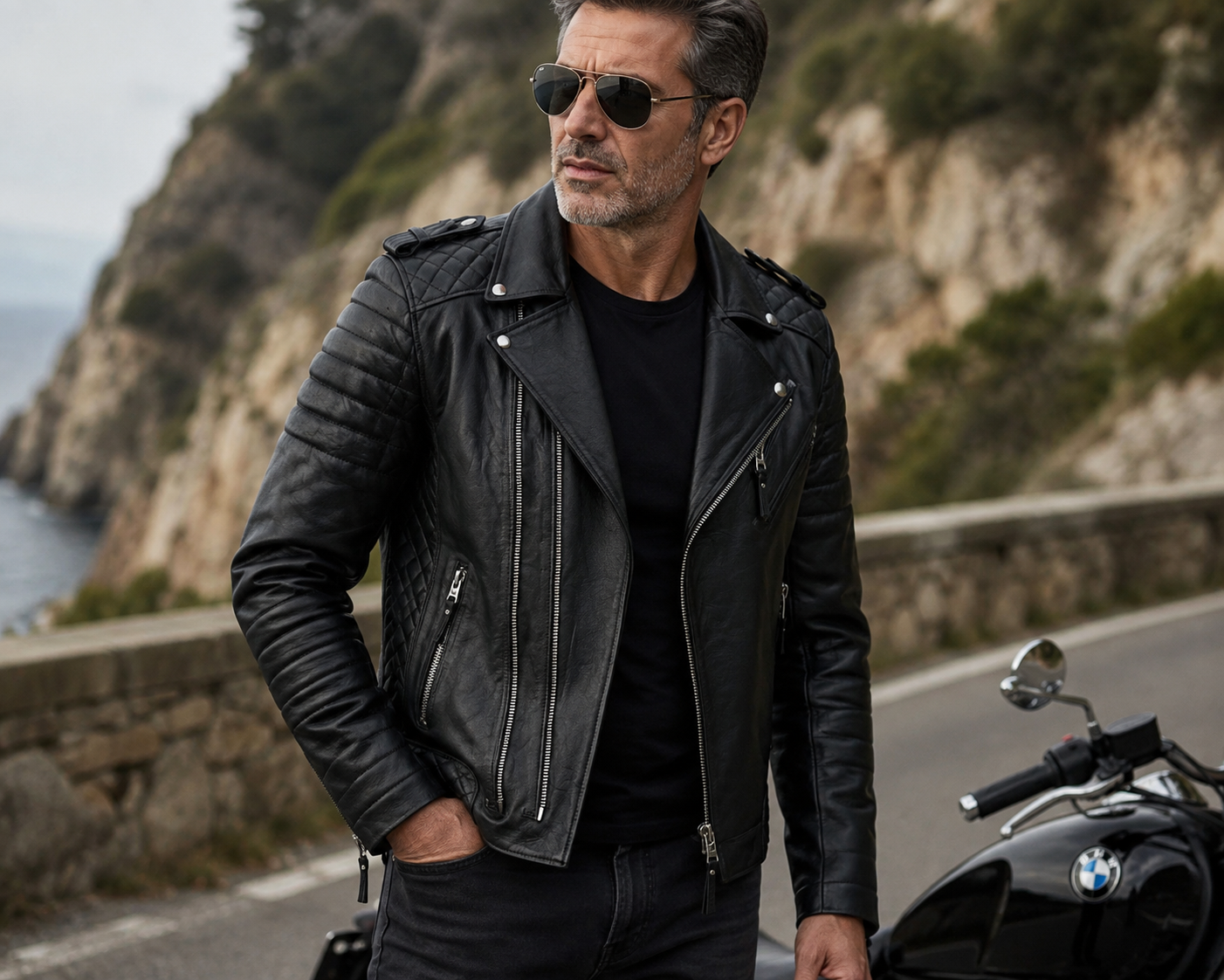 Men Slim Fit Motorcyle Leather Jacket