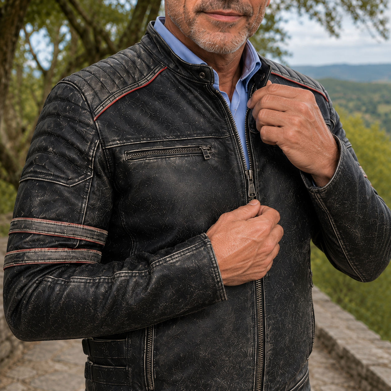 Black Retro Distressed Leather Jacket