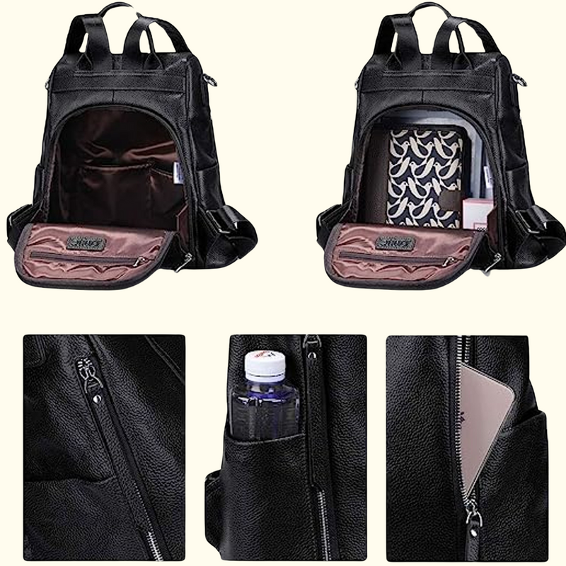 Casual Women Soft Leather Backpack - Black