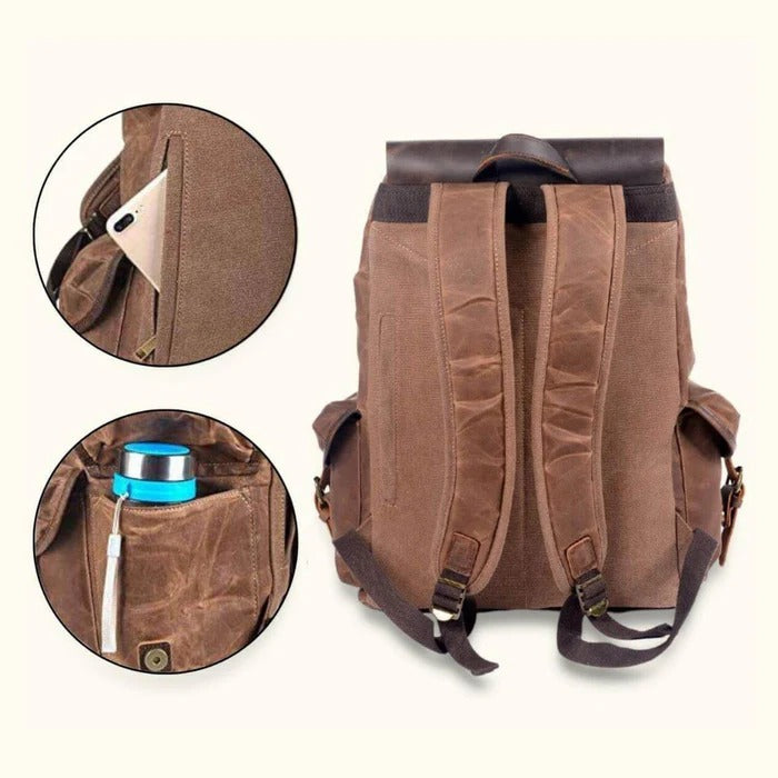Brown backpack with close-up details on a white background