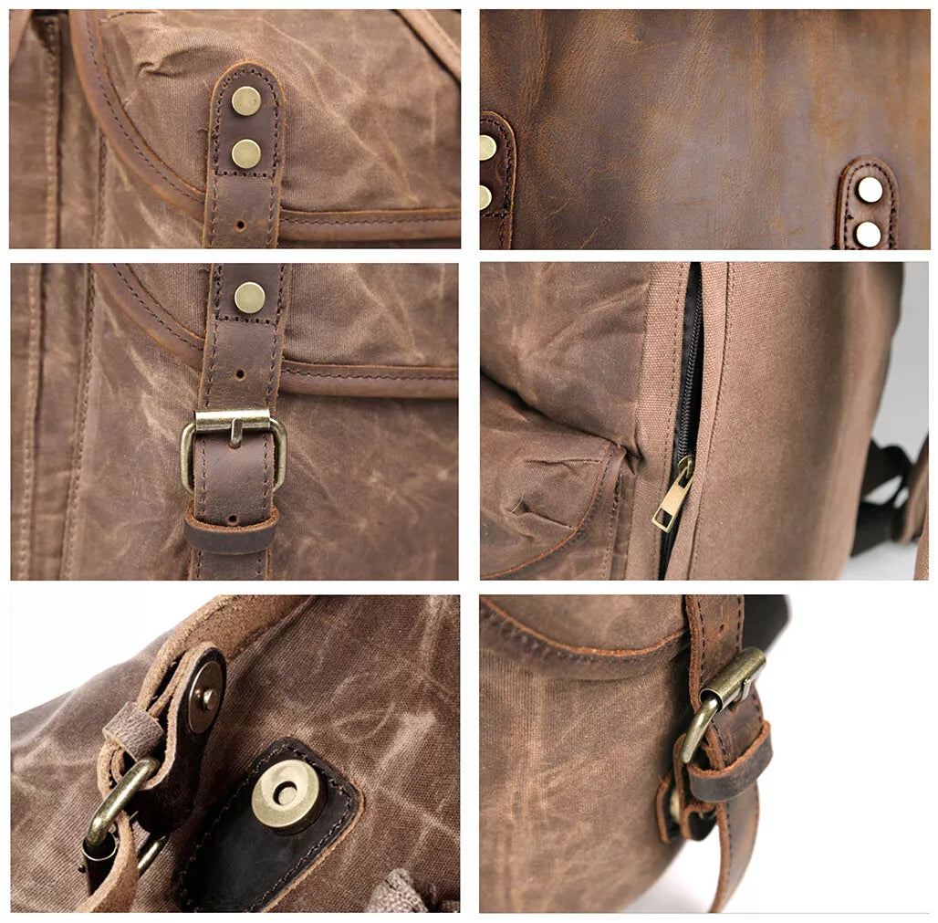 Collage of a brown leather bag with various details including straps, buckles, and zippers.