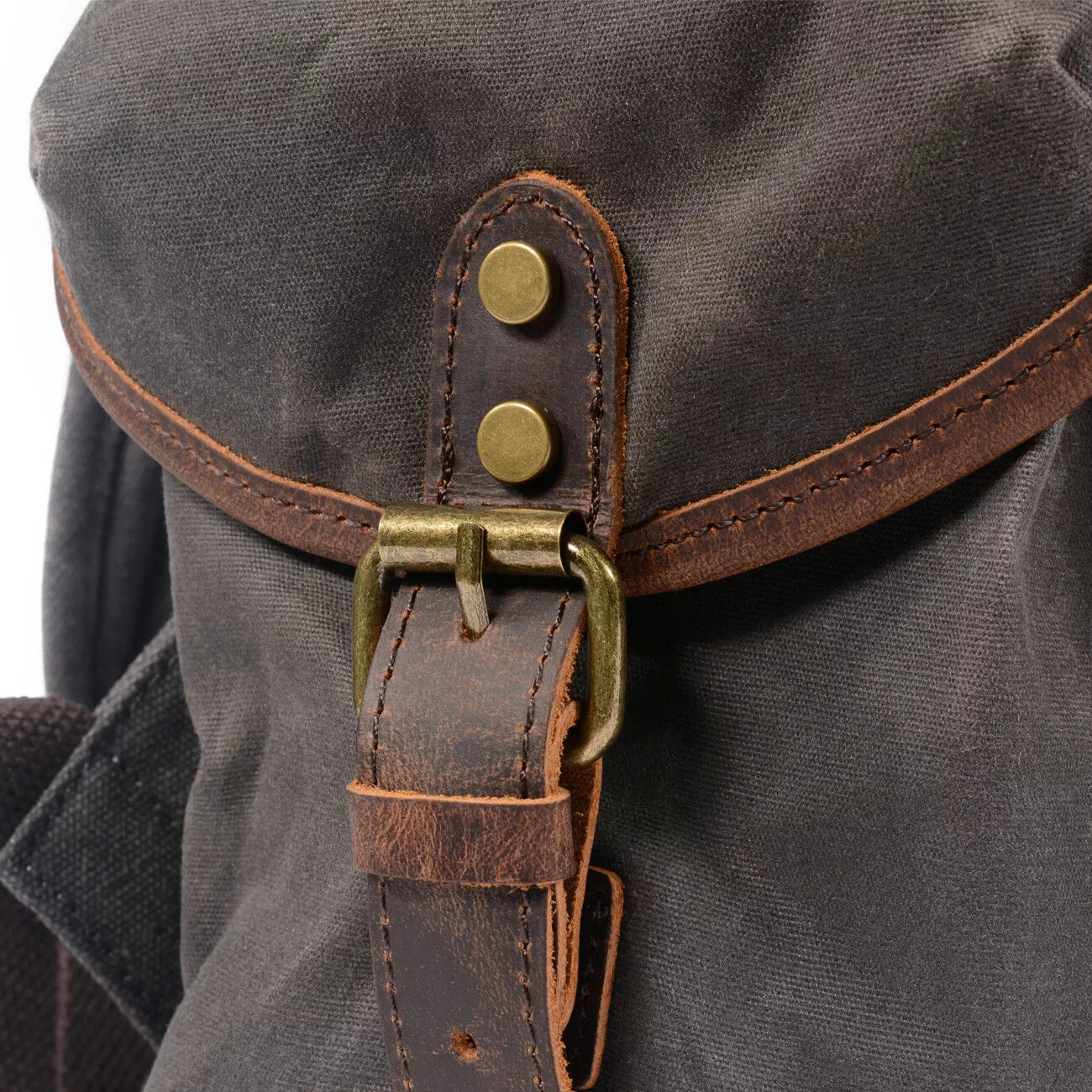 Close-up of a gray backpack with leather straps and brass buckles on a white background