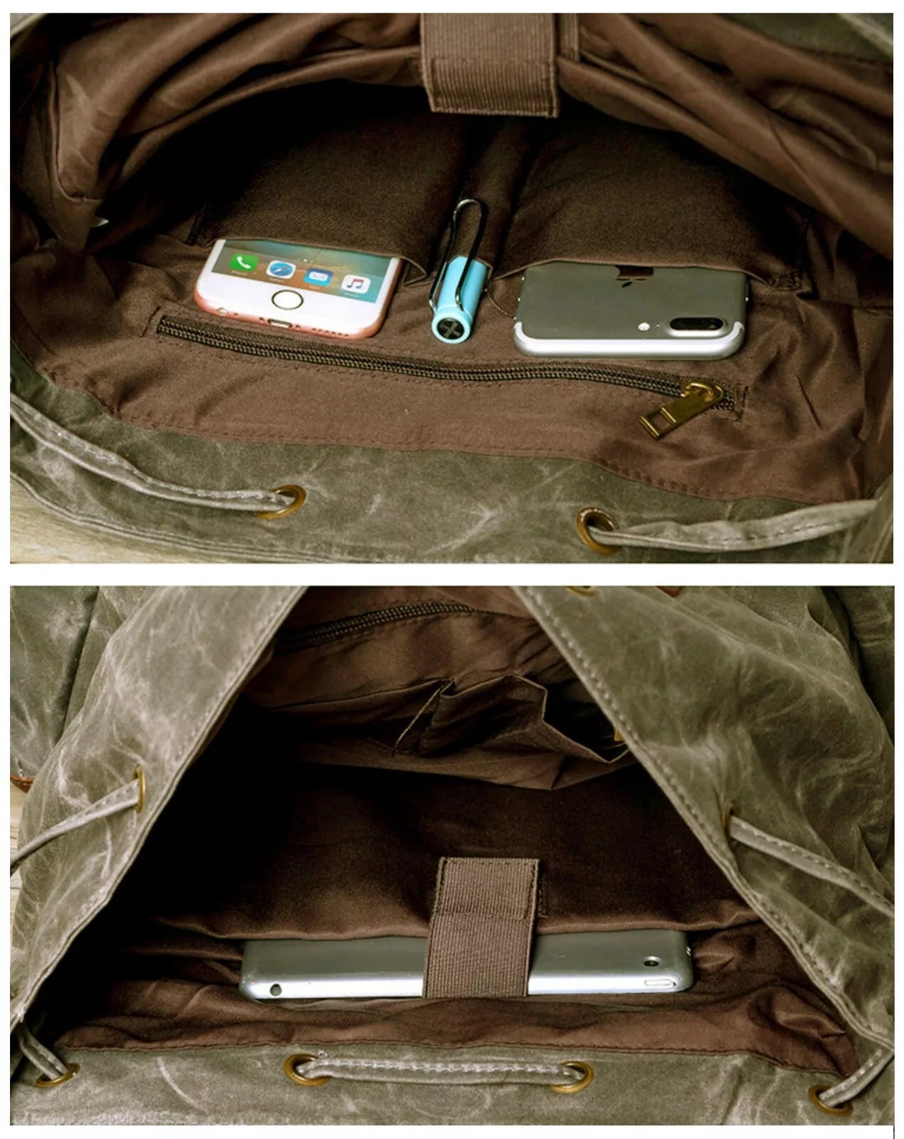 Brown leather bag with phone and pen compartments, shown from two angles.